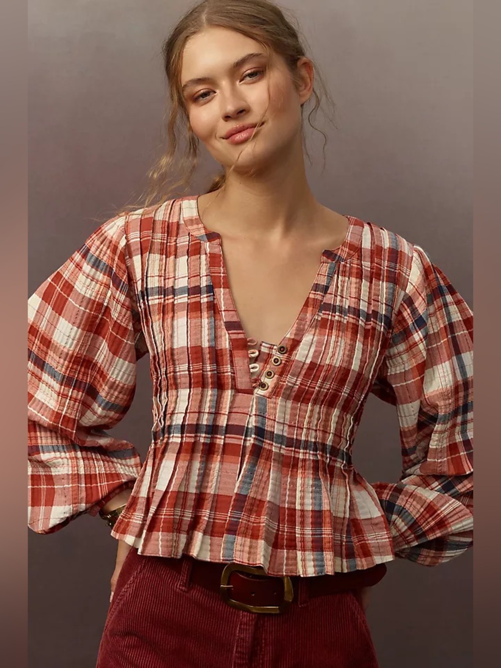 PILCRO x ANTHROPOLOGIE Long-Sleeve Pleated Swing Blouse in Rust Ivory Plaid